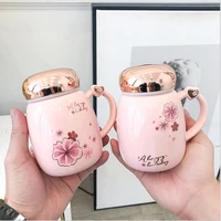 sweet pink ceramic mug with mirror cover for coffee girls fresh lovely mugs with sealed lid office flower tea cup