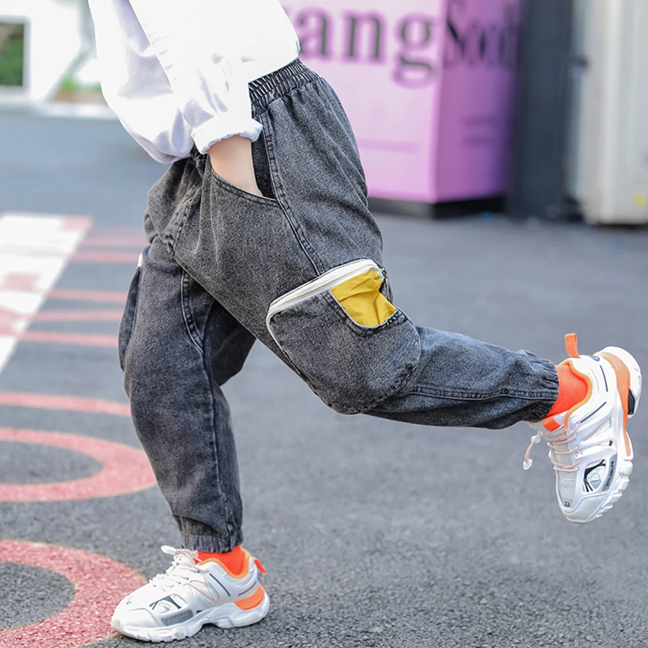 Джинсы для мальчиков детские джинсы в стиле пэчворк с карманами брюки карго