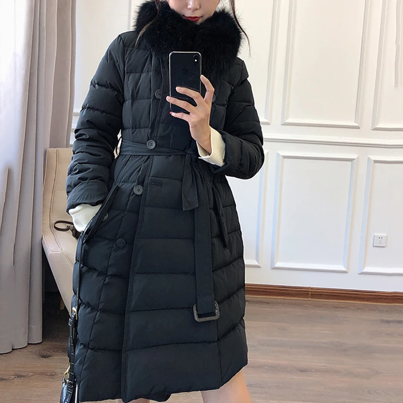 2021 Winter Down Coat Women Long Parka Jacket With Real Raccoon Collar White Duck Feminine Pink Overcoat Korean | Женская одежда