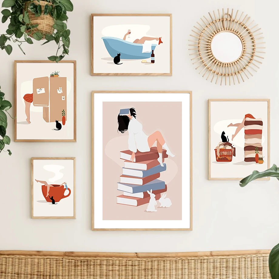 

Coffee Cup Shower Girl Wall Art Hot Kiss Cartoon Black Cat Canvas Painting Abstract Posters and Prints Books Pictures Home Decor