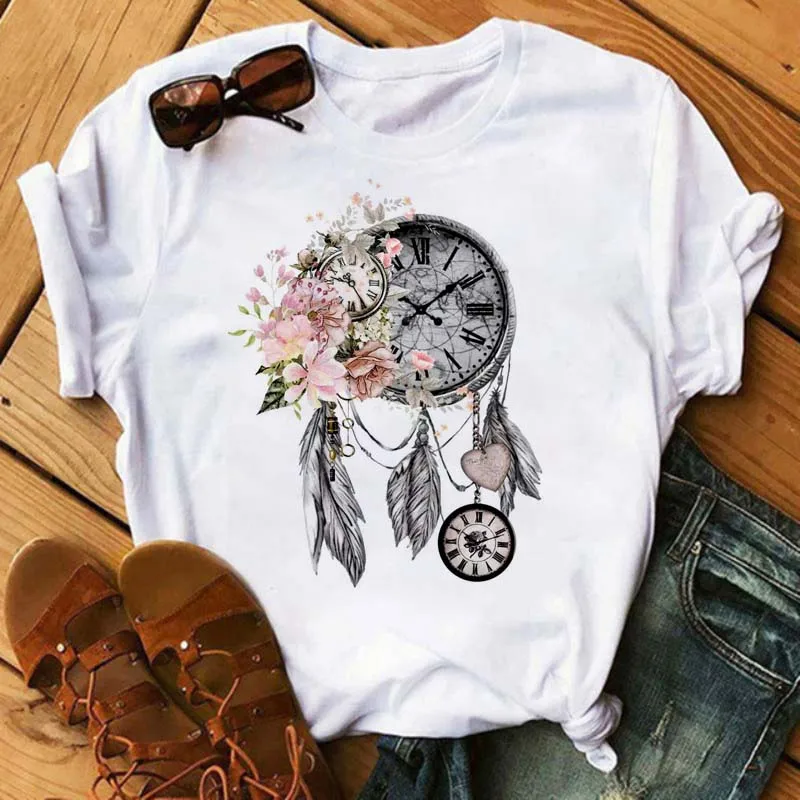 

Maycaur Women Clothes Lady Tees Graphic Cartoon Fashion Dream Web Flower Feather Clothing Tops Female T Shirt Womens T-Shirt