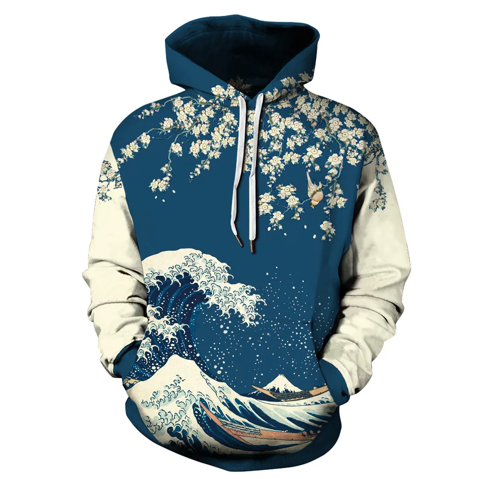 Толстовка с капюшоном для мужчин и женщин, Модный пуловер с объемным рисунком большой волны, цветущего канагава, сливы, дерева, Луны, Забавны... от AliExpress WW