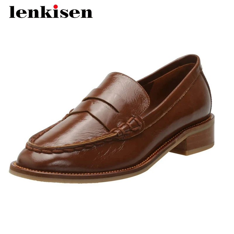 

Lenkisen England style real cow leather classic colors round toe thick med heel slip on superstar daily wear women pumps L9f1