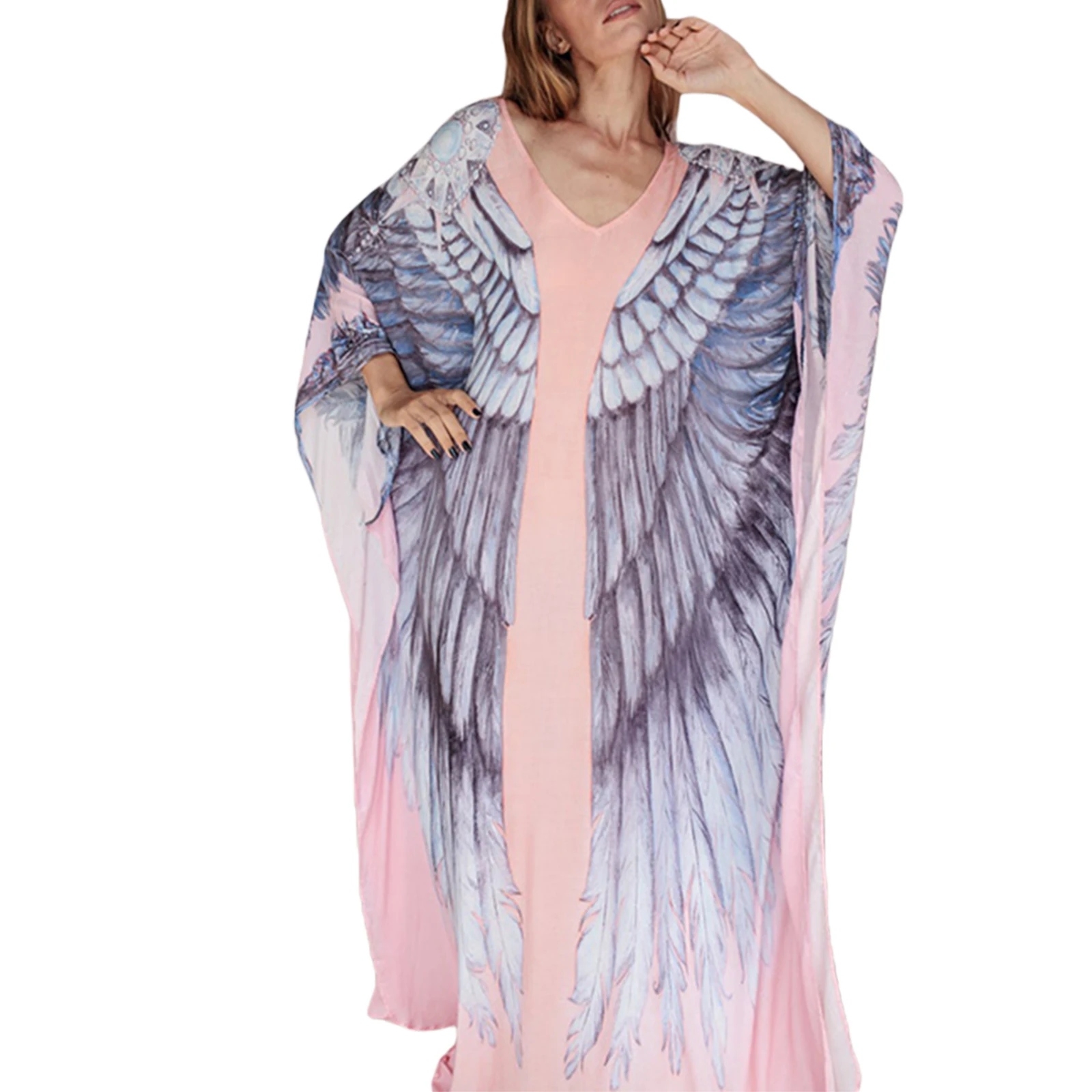 

Новинка, Женская свободная стильная пляжная блузка с принтом розовых крыльев и рукавами «летучая мышь», Длинные Топы, модная и очаровательн...