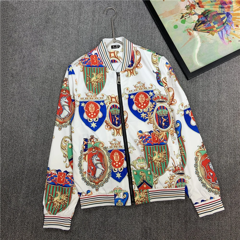 

with Nylon jacket stained glass window style print Men's Black Color Fashion Straight Fit Baseball Collar Jacket| 21201215812
