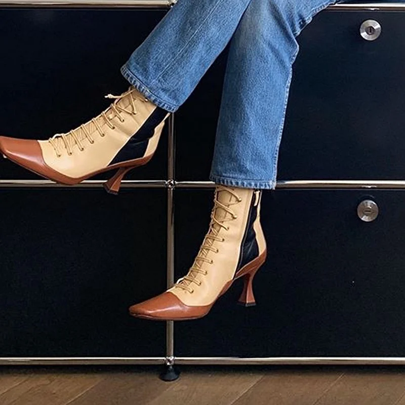 Модные женские ботинки с квадратным носком лоскутные ботильоны на шнуровке и