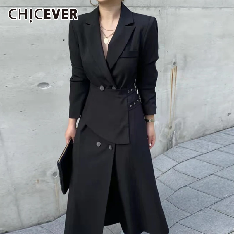 

CHICEVER, корейское модное платье для женщин, v-образный вырез, длинный рукав, высокая талия, однотонные, минималистичные миди платья, женская ос...