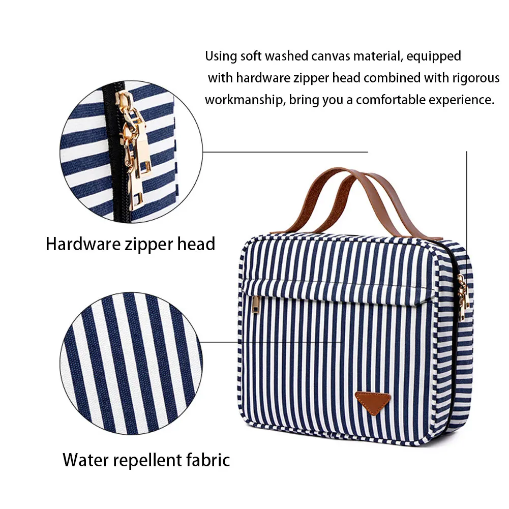 

Cosmetic Storage Bag Canvas Makeup Organizer Toiletry BagBlue White Stripes Waterproof Multi-Compartment Portable Hanging Travel