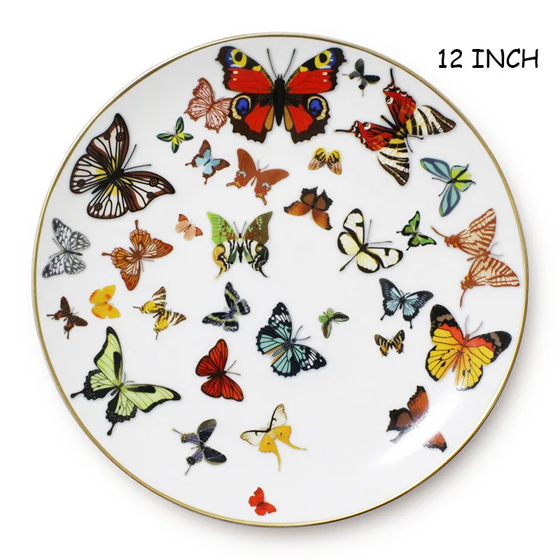 12 inch plate Керамический поднос, тарелка с золотым ободком, плоская тарелка для торта, столовый поднос, посуда с бабочкой, креативная белая посуда, тарелка из костяного фарфора, 1 шт - Цвет: 12 inch plate