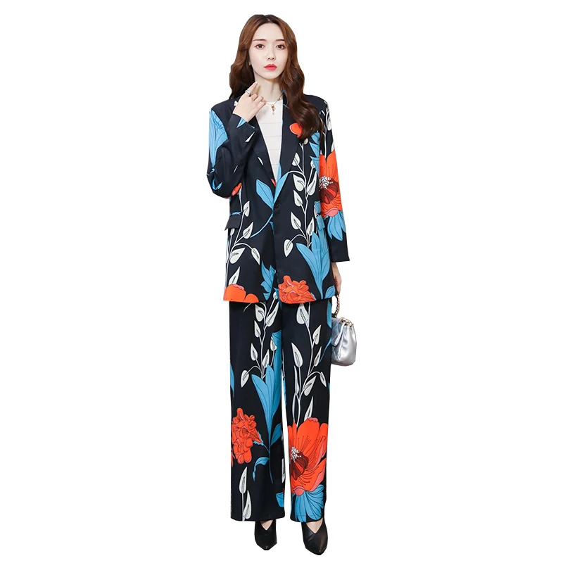 

New Autumn 2019 Lady Floral Suits Sets Elegant Female Two Pieces Floral Cardigan With Pants Free Shipping