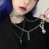 2021 personality hip hop punk multilayer chain necklace metal cross rabbit pendant stainless steel necklace for women jewelry