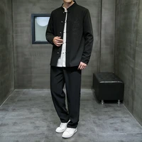 mens 2 pieces tunic suit slim fit single breasted blazer and pants traditional chinese type draon embrorird men clothing