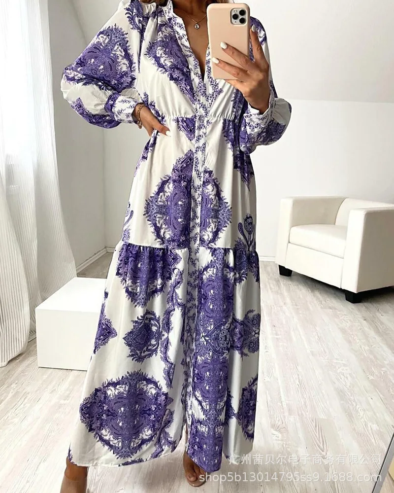 

Spot 2021 Women's New Retro Palace Print Waist Dress