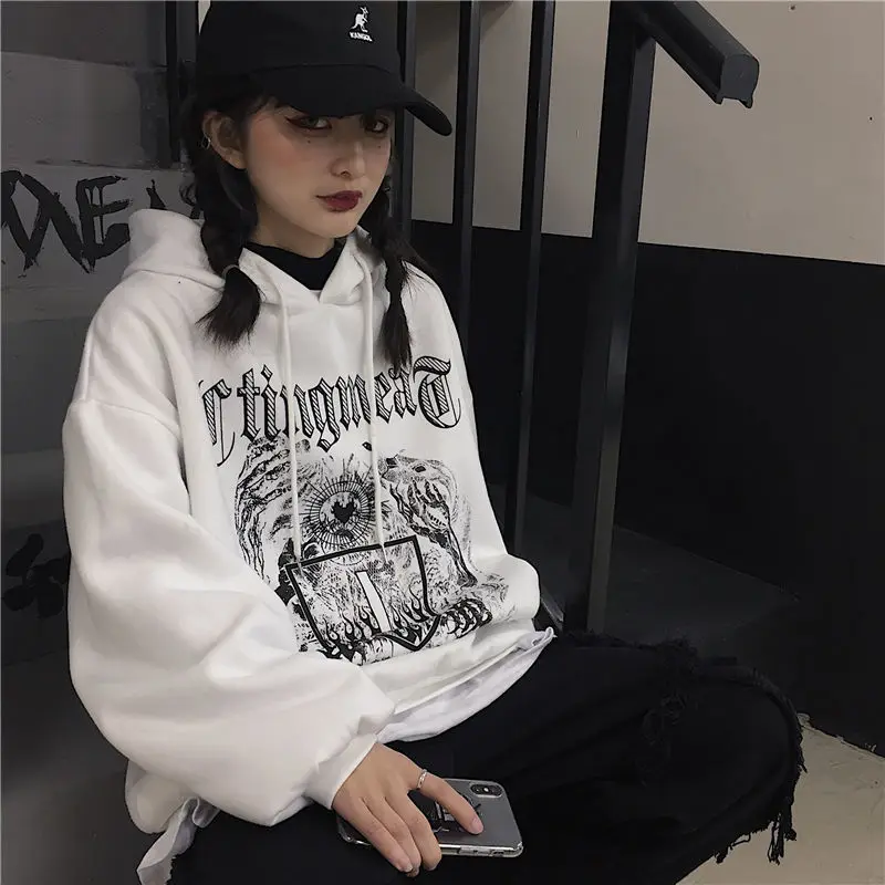 

Korean Gothic Punk Black Hoodies Women Y2K Oversized Long Sleeve Pullovers Tops Shcoolgirl Street Style Clothes