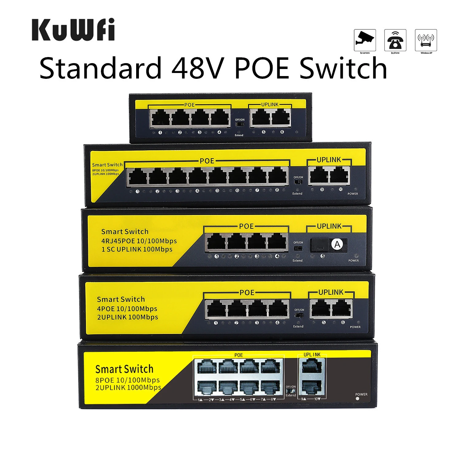 Сетевой коммутатор 48 В POE 10/100/1000 Мбит / с Ethernet 4 портовый 8 сетевой IEEE 802.3 AF AT для IP