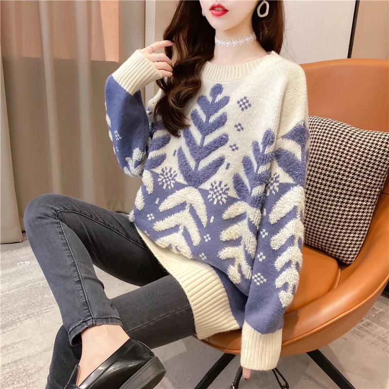 

LUKAXSIKAX 2020 New Autumn Winter Women Loose Knitted Pullover Sweater Fashion Snowflake Christmas Tree Christmas Sweater
