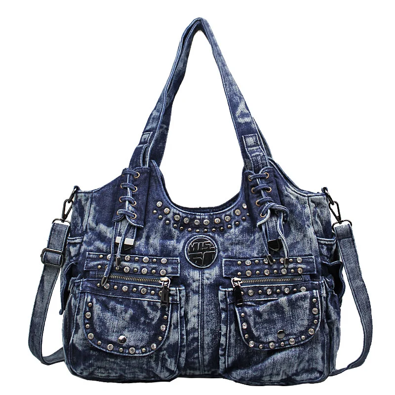 

2021 new fashion women's bag leisure Multi Pocket denim bag portable one shoulder Crossbody Bag rivet bag