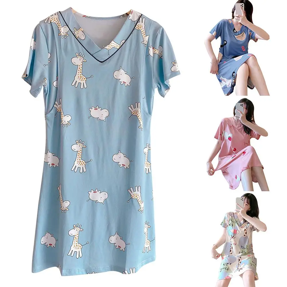 Мультфильм шаблон женская ночная сорочка летние дышащие v образный вырез