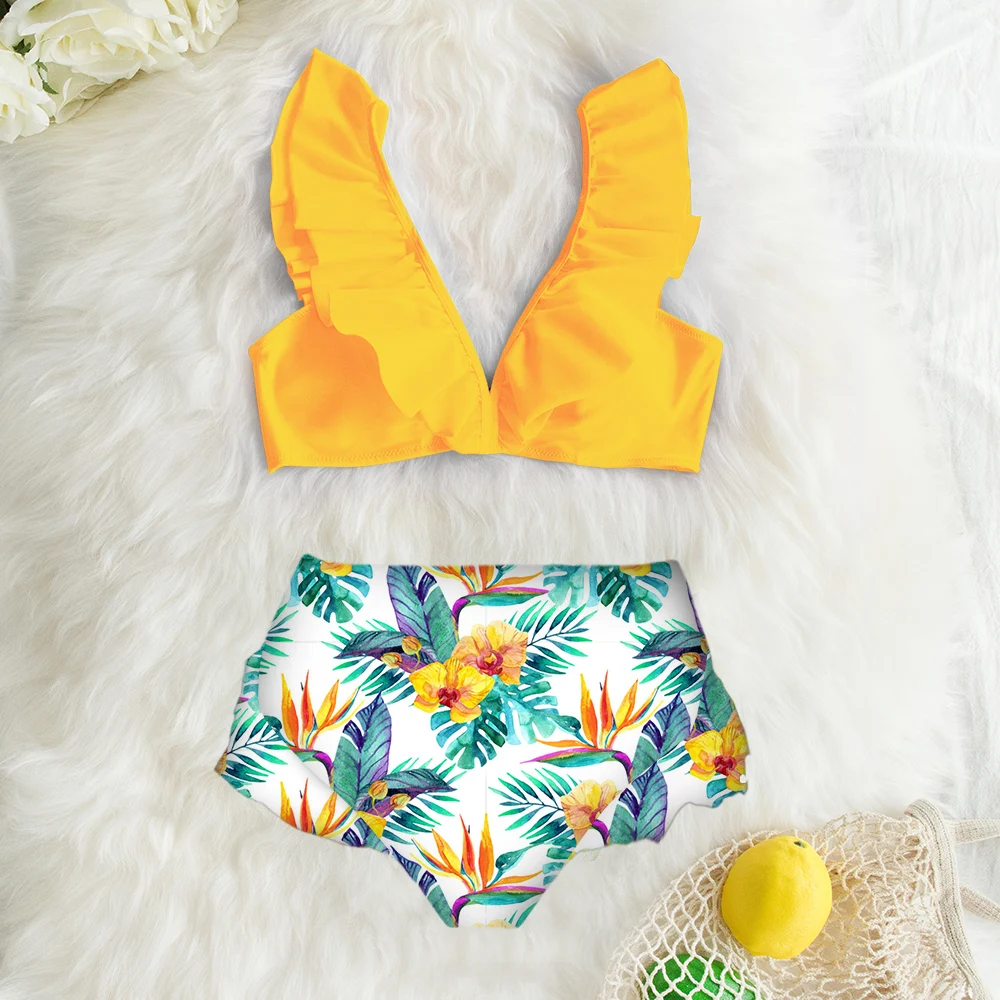 

2021 Sexy Bikini Ruffled Printing Swimsuit Bikini High Waist Bikini Set Women Swimwear Bathing Suit Beach Wear Biquinis Female