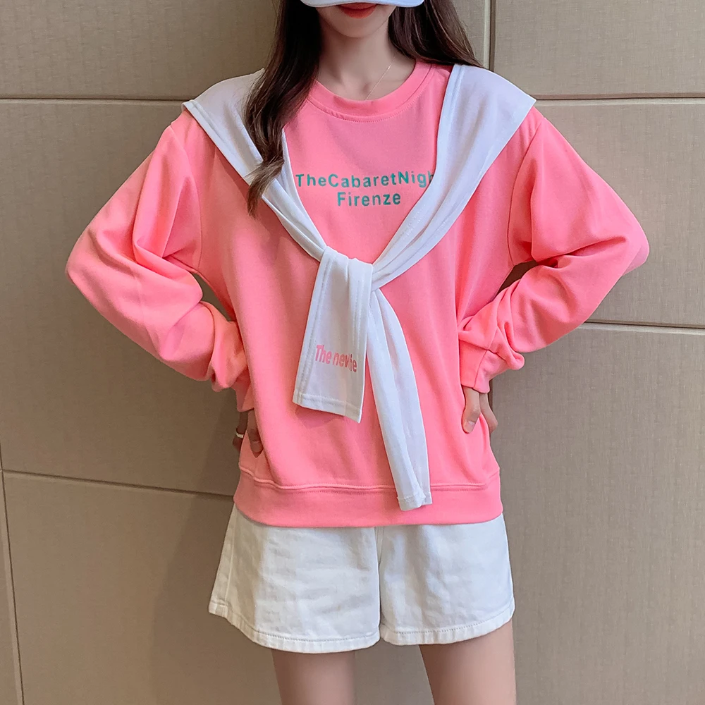 

2020 Autumn Fashion Women's O Neck Letter Print Long Sleeves Patchwork Scarf T-Shirt Tee Female Pullover Casual Tops Tees A3972