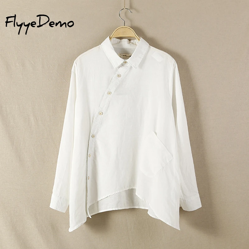 Горячая 2021 сезон: весна лето новая женская рубашка из хлопка и льна косые белая с