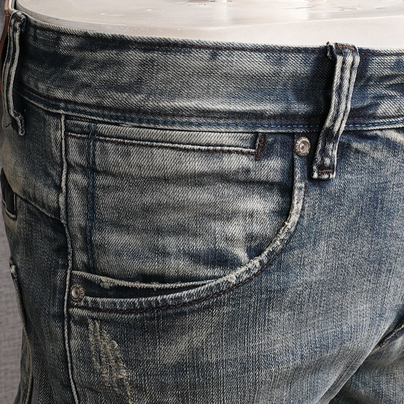 Summer Men's Light Blue Ripped Jeans Vintage Casual Cotton Stretch Slim Fit Denim Pants