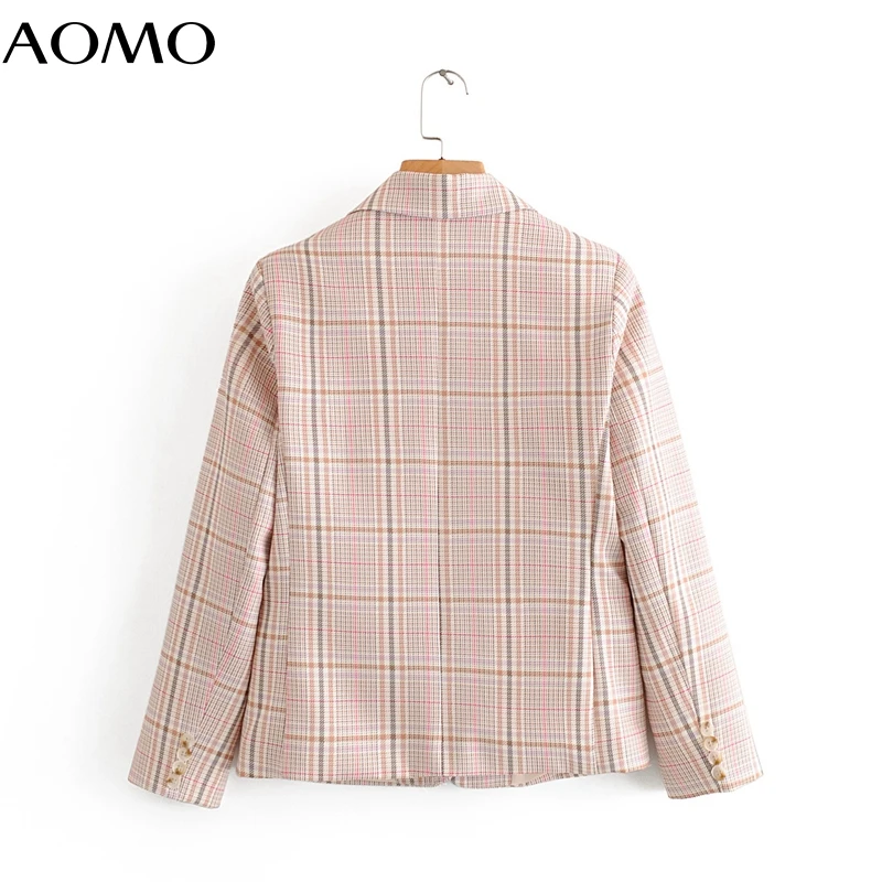 

AOMO women vintage plaid blazer female one button elegant jacket ladies work wear blazer formal suits DA29A