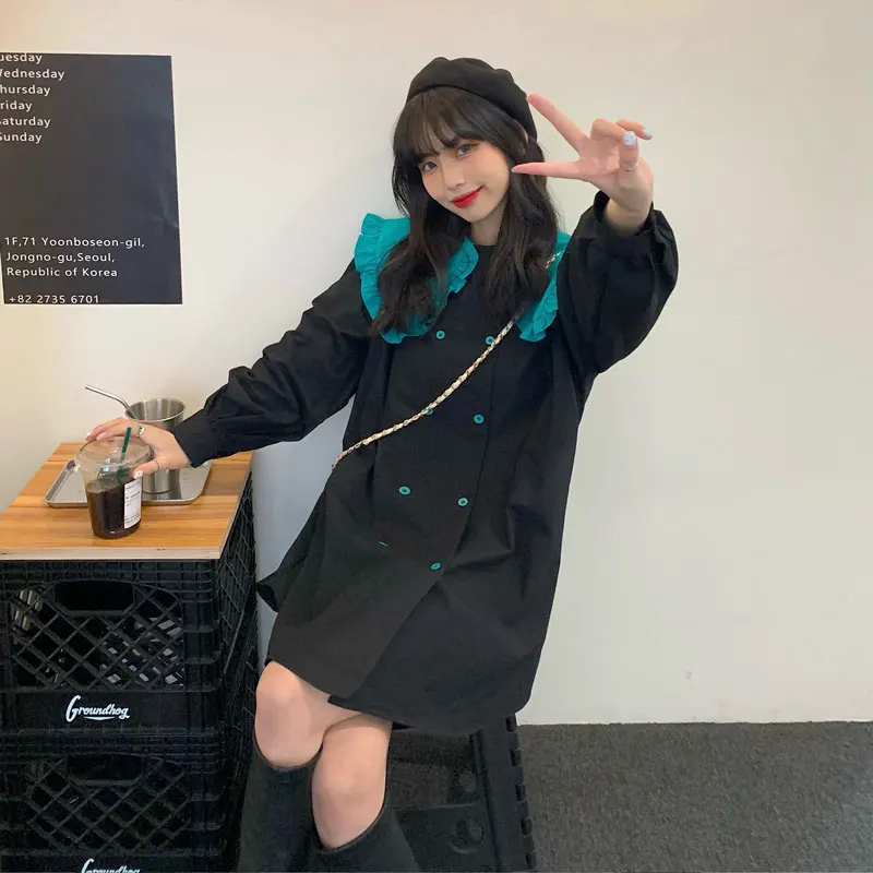 

Make new large size ladies' fashion joker minus age into color black fungus edge doll get double-breasted shirt dress