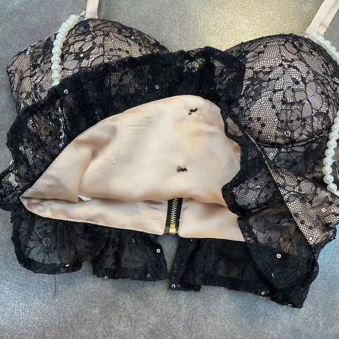 

ZCSMLL 2021 spring double shoulders decorated with pearl bow Sequin mesh lace sexy ins vest women tops fashion