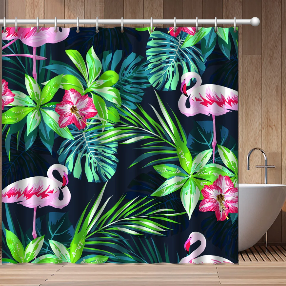 

Tropical Leaf Shower Curtain Flamingo Shower Curtains Set with Hooks Palm Leaves Bathroom Decor Machine Washable Opaque Modern