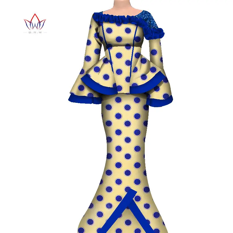 African Clothes Women Suit Flared Sleeve Long Dashiki Party Gowns Robes 2 Piece Sets Top and Skirts 2021 Africaine Femme WY060