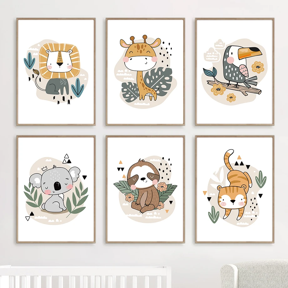 

Cute Lion Giraffe Toucan Tiger Sloth Nordic Posters and Prints Wall Art Canvas Painting Animal Wall Pictures for Kids Room Decor
