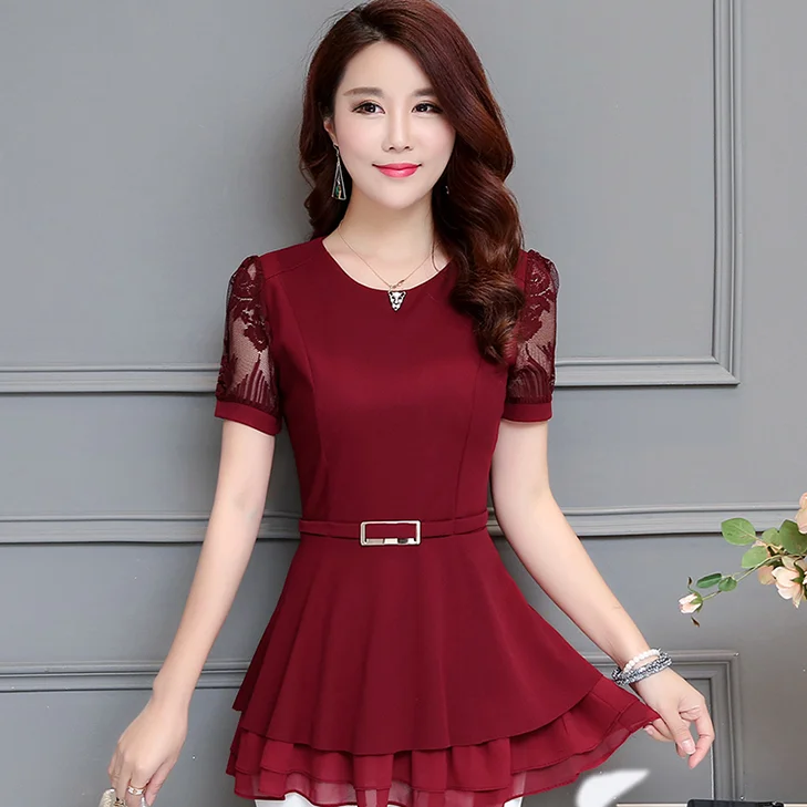 Женские офисные топы и блузки кружевные рубашки с коротким рукавом приталенный