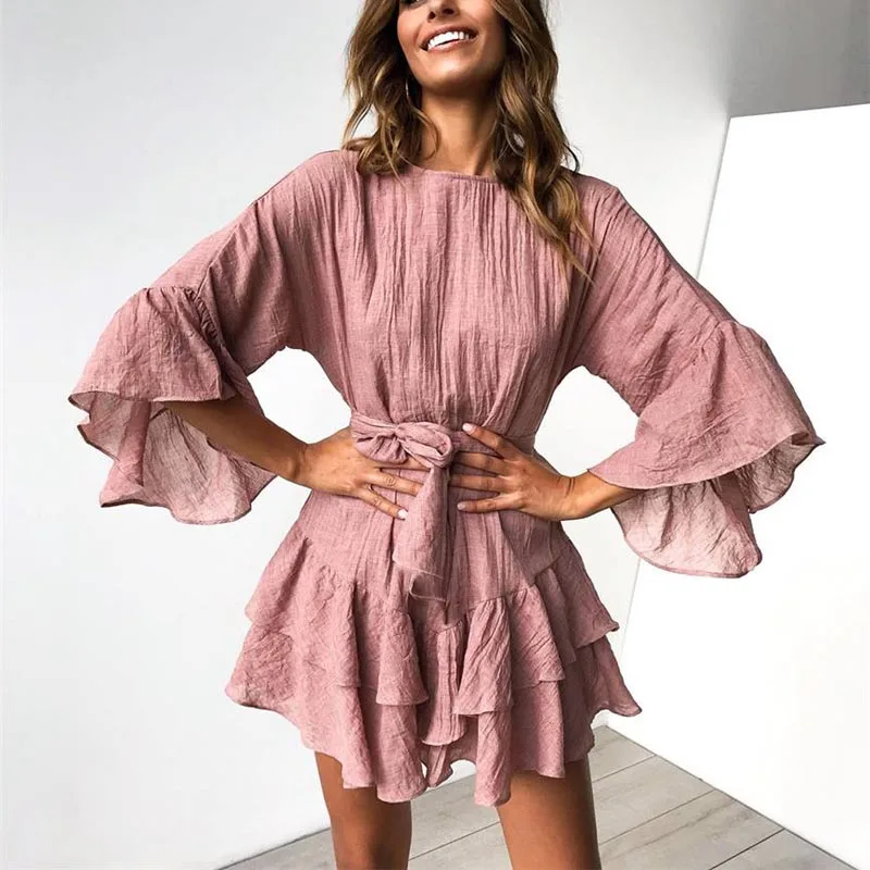 

Leosoxs 2021 Summer New Casual Fashion Women's Solid O Neck Ruffle Bow Knot Tunic Mini Dress Ruffles Half Sleeve Splicing Ladies