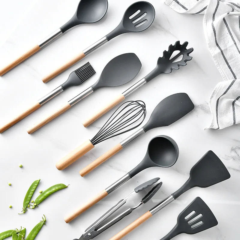 12 Pieces Cooking Tools Set Silicone+Wood Handle Kitchen Cooking Utensils Set with Storage Box Turner Tongs Spatula Soup Spoon