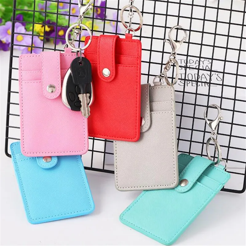 

6 Color ID Card Holder Portable Bus Cards Cover Case Office Work Card Holder Keychain Keyring Tool 3 Slots Card Wallet Id Bag