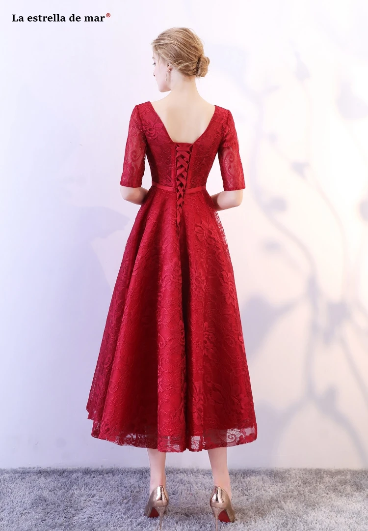 

vestido dama de honor new lace V neck half sleeve A Line burgundy bridesmaid dress short sukienka na wesele dla gocia simple