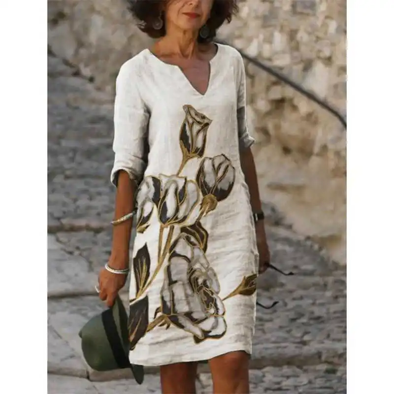 

2021 New Women Printing Dress Summer V-Neck Half Sleeve A-Line Dresses Female Retro litera Vintage Loose Dress