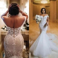 african lace beads wedding dress plus size 2021 vestido novia sexy open back mermaid wedding gowns for black women girls