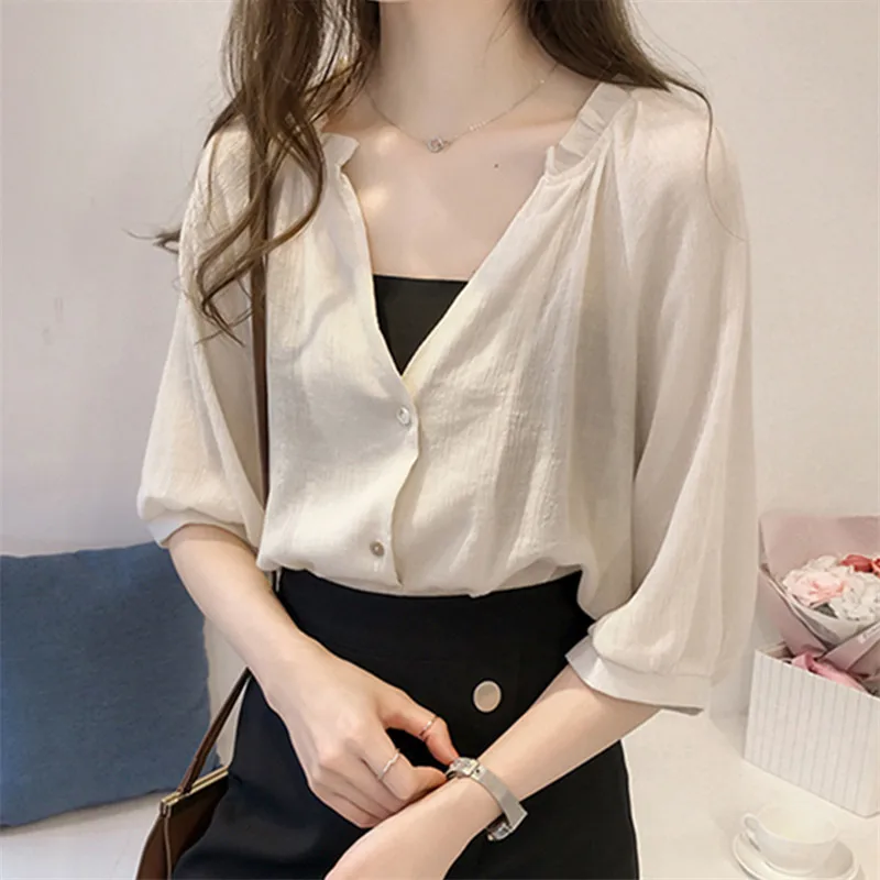 Women Blouse Spring Summer Loaded New Loose V-neck Short-sleeved Chiffon Bottoming Shirt Female Students Super Fairy Wild Shirt