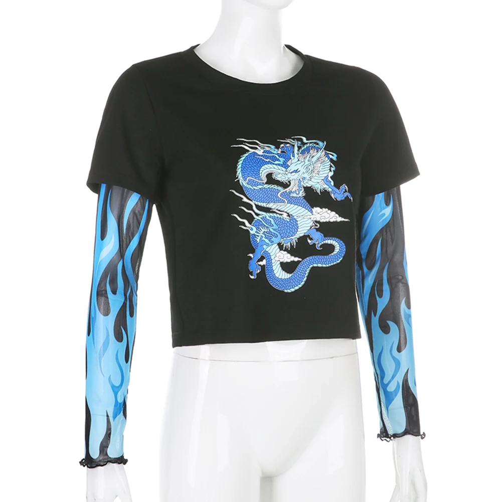 Пламенный дракон с сеткой в стиле пэтчворк футболка длинными рукавами для женщин