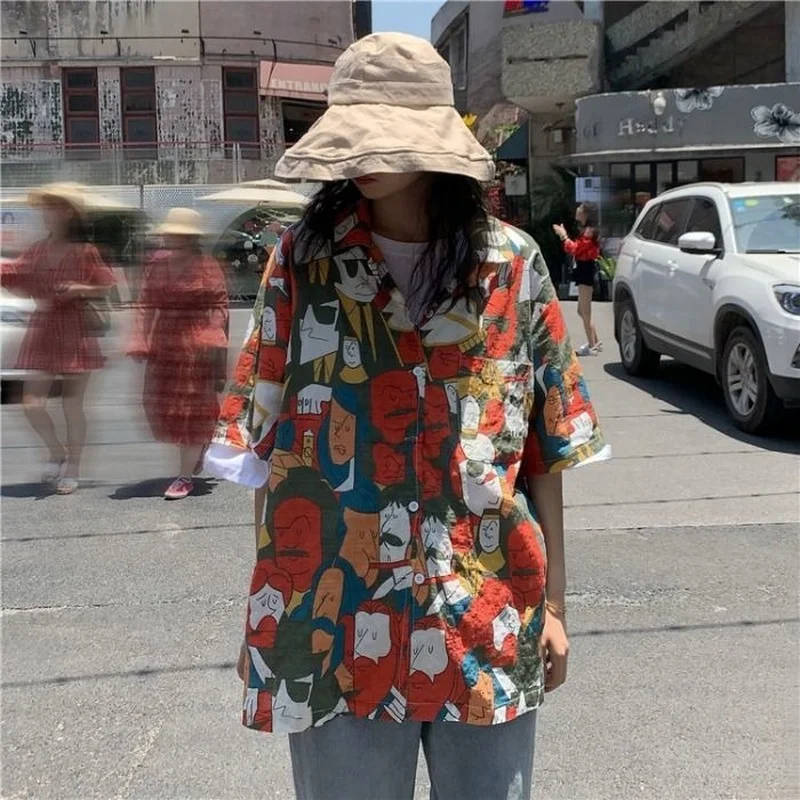 

Vintage Summer Shirt Oversize Harajuku Short Sleeve Cardigan 90s Aesthetic Korean Fashion Anime Hippie Blouse Women Button Up