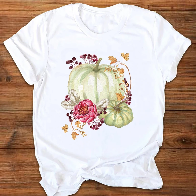 Женская футболка с цветочным принтом коротким рукавом и тыквы|Футболки| |