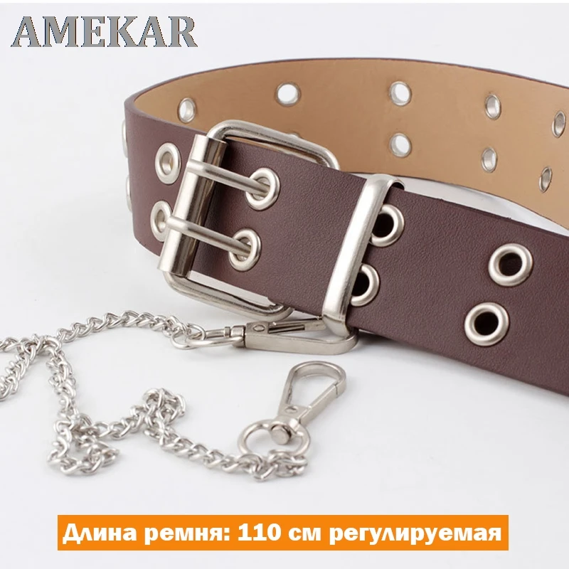 

Women Fashion Double Hole Pin Buckle Waist Belt for Jeans Metal Waist Punk Chain Luxury Belts PU Leather New Style Decorative