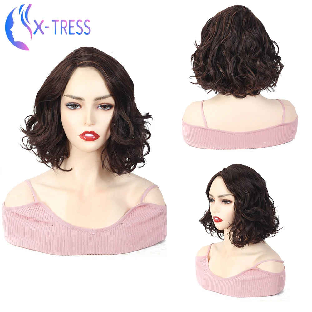 Хайлайтер коричневый синтетический кудрявый боб парик боковая часть цветная X