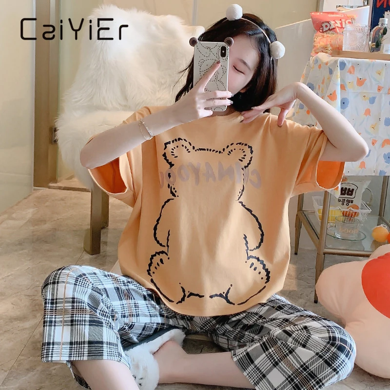 CAIYIER Summer Pajamas Suit Women Short Sleeves Cute Bear Print Sleepwear Casual Checked Trousers Korea Sweet Pyjamas Homewear