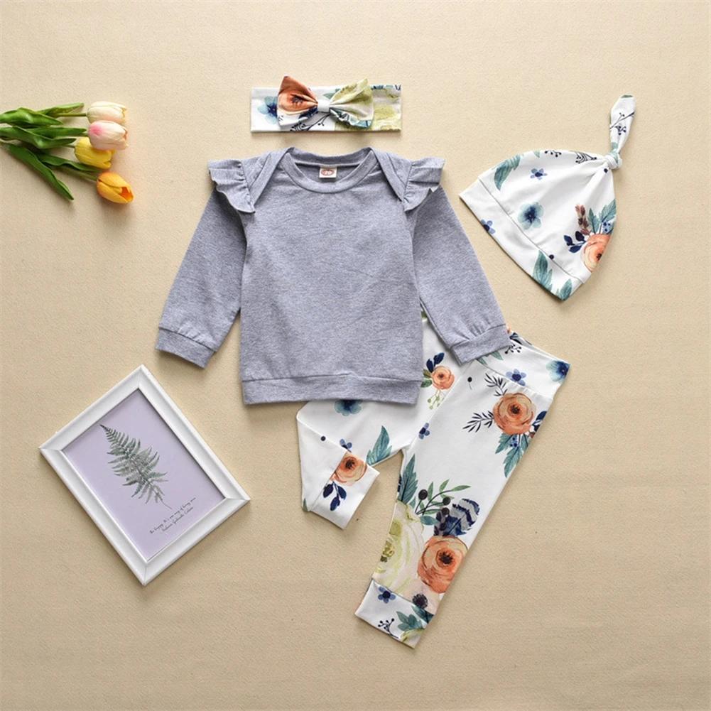 

Осенняя Милая Одежда для новорожденных девочек пуловер Ins штаны с цветочным принтом комплект повязка на голову шляпа наряды