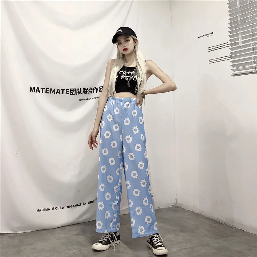 Оранжевый цвет: черный, синий с рисунком в виде ромашек и бандана Kawaii Boho строка Высокая талия карман свободного кроя в стиле «Лолита»; сезон лето брюки корейский брюки Харадзюку Для женщин Симпатичные