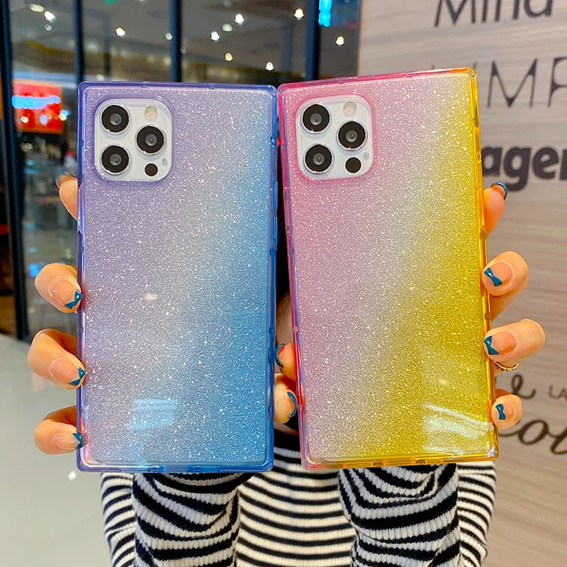 

Rainbow Gradient Flash Shockproof Phone Case For Iphone12 11 Pro Straight Side Square TPU Delicate Skin Creativity Square Cover