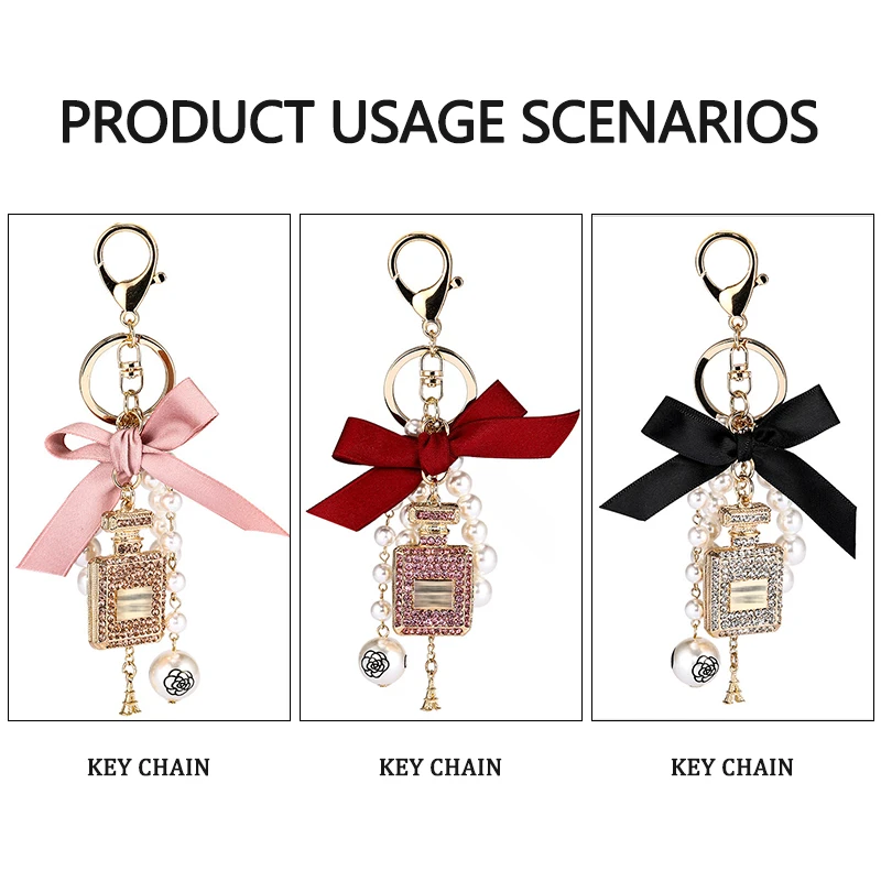 Creative hand-studded perfume bottle alloy key chain charm bow pearl pendant ladies bag mobile phone case pendant Birthday Gift